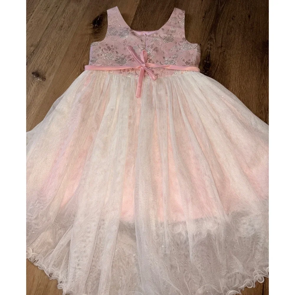American Princess Girls Pink Gold Brocade Tulle High Low Formal Dress Size 12‎
